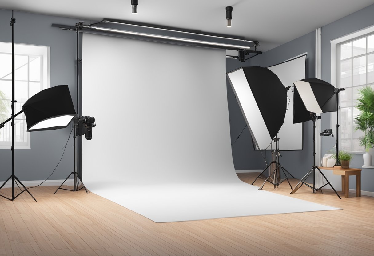 A spacious and well-lit photo studio with modern equipment and a variety of backdrops and props