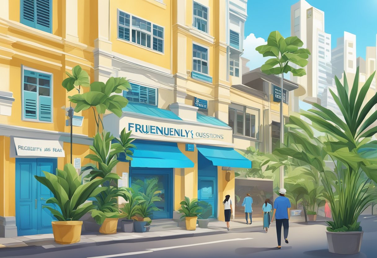A sign reading "Frequently Asked Questions" stands in front of a vibrant blue ginger plant in the bustling city of Singapore
