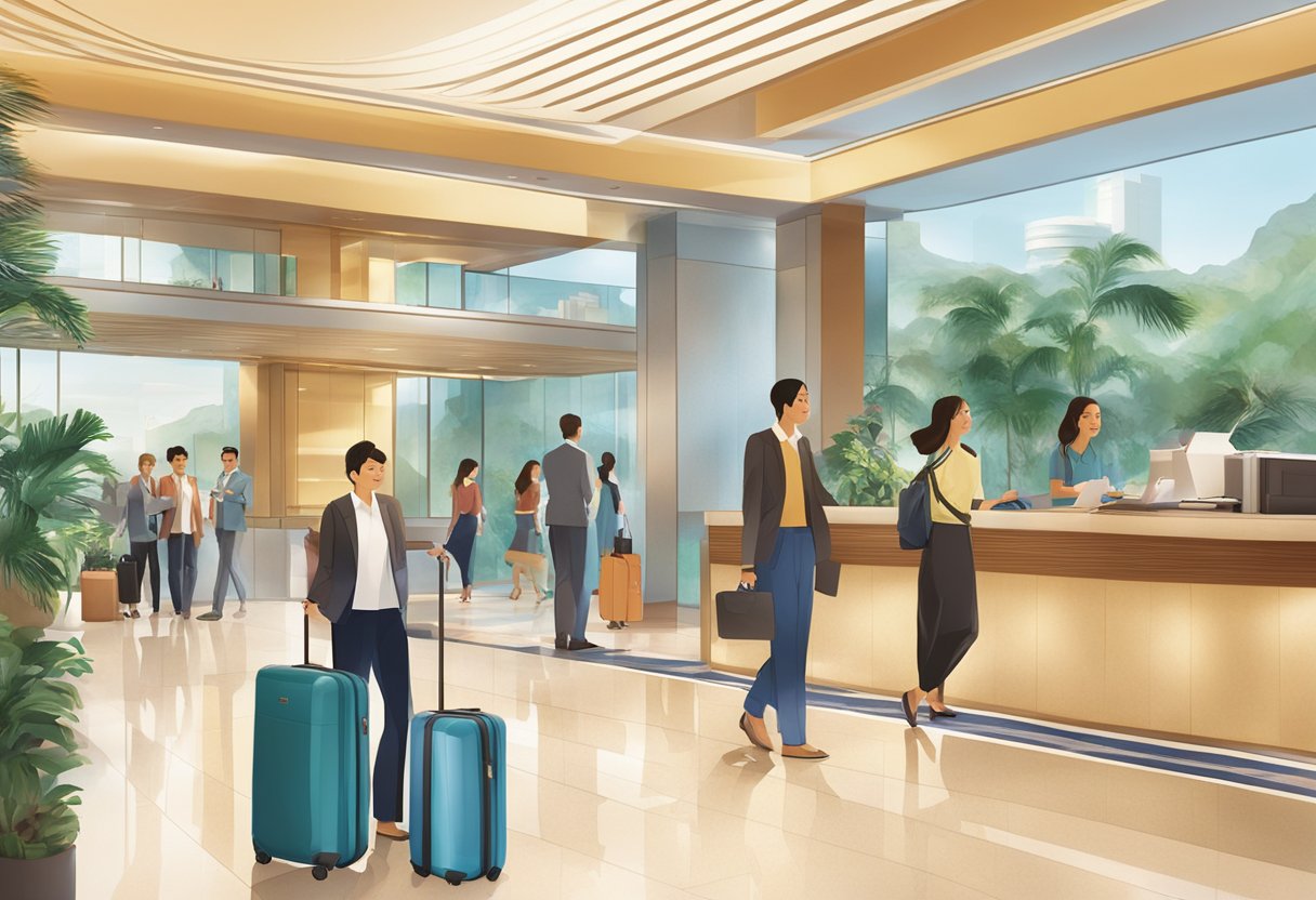 The bustling lobby of Capri by Fraser Changi City, Singapore, with guests checking in at the front desk and staff assisting with luggage