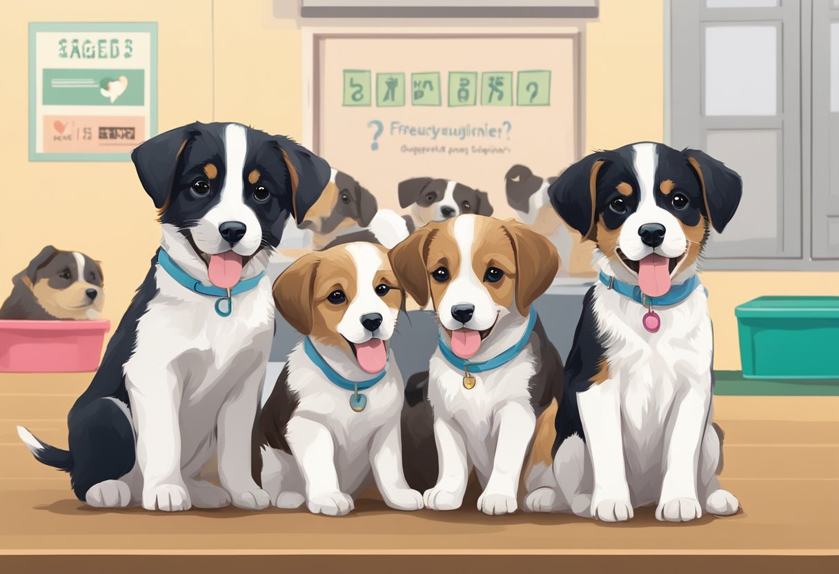 A group of cute puppies eagerly await adoption at a shelter in Singapore, with a sign reading "Frequently Asked Questions" in the background