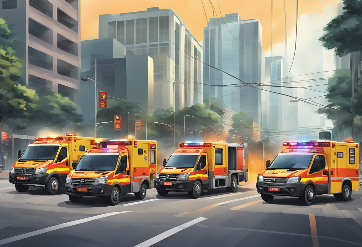 A group of SCDF vehicles and personnel responding to an emergency, with sirens blaring and lights flashing, in a bustling urban setting