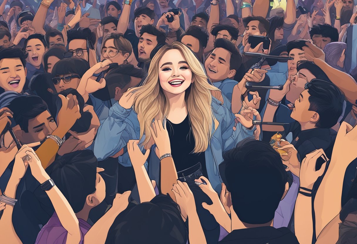 Sabrina Carpenter performs on stage in Singapore, surrounded by a sea of enthusiastic fans
