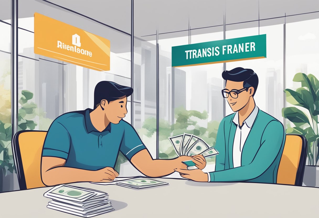 A customer at a desk, handing over cash to a teller, with a sign above reading "Frequently Asked Questions ria money transfer singapore"