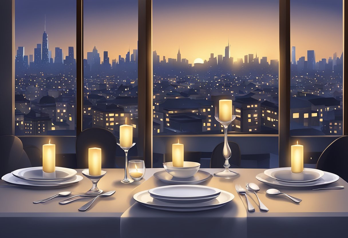 A table set with elegant dinnerware and flickering candlelight, overlooking the city skyline at dusk