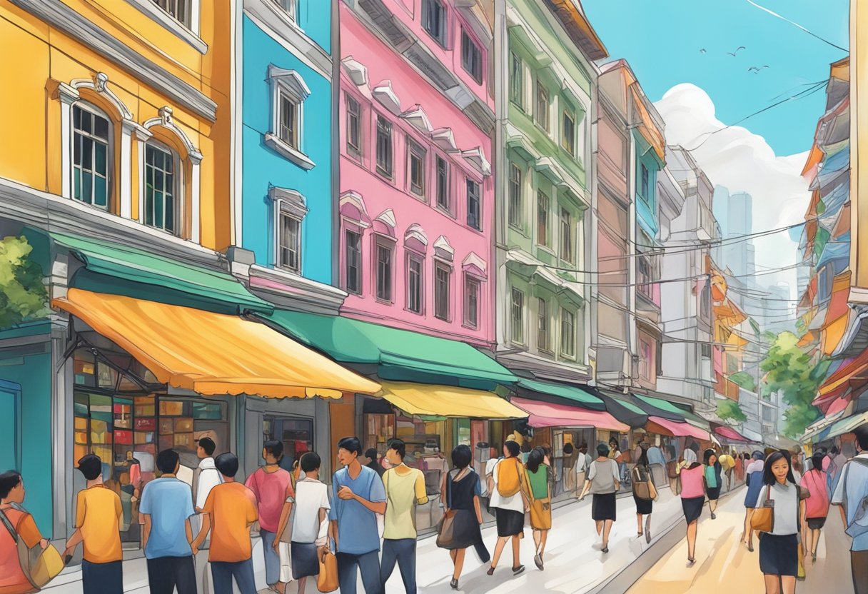 A bustling street in Singapore with the iconic Rabeanco storefront, surrounded by vibrant colors and bustling activity