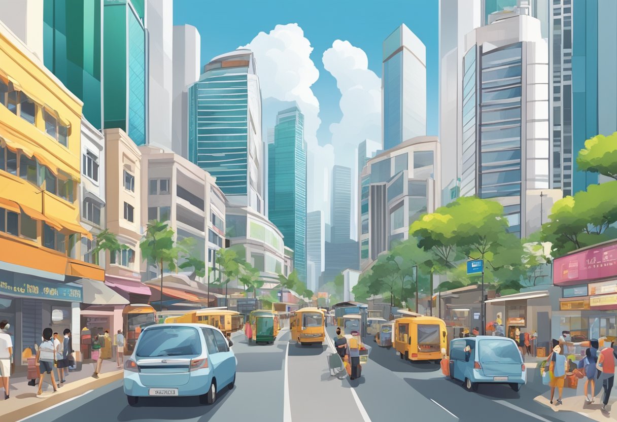 The bustling streets of Singapore show high-rise buildings, bustling markets, and modern amenities, reflecting the high cost of living