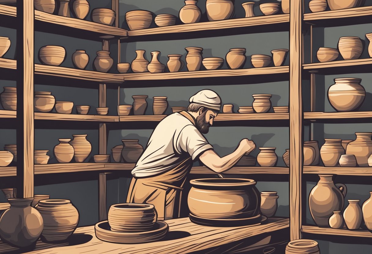 A pottery wheel spins as hands shape clay. Tools and glazes line the shelves, while finished pieces decorate the studio