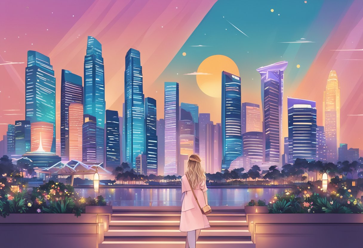 Sabrina Carpenter's Singapore tour: iconic skyline, bustling streets, vibrant city lights, and enthusiastic fans