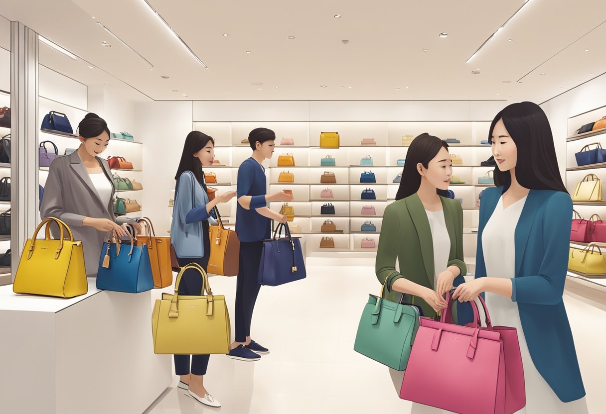Shoppers browse colorful handbags at Rabeanco Singapore store. Displays showcase various styles and sizes, while customers interact with friendly staff