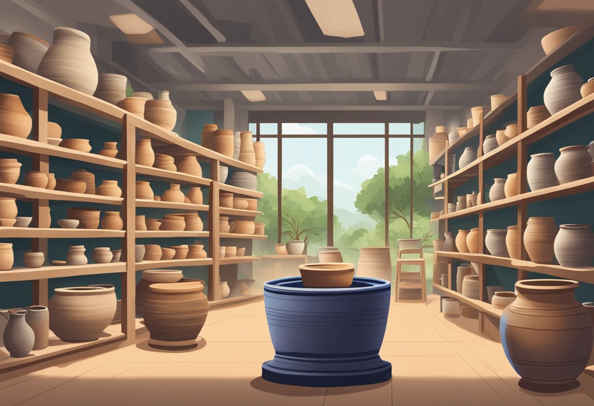 A pottery wheel spinning with clay being shaped, shelves of finished pottery in the background, and a sign reading "Frequently Asked Questions pottery singapore."