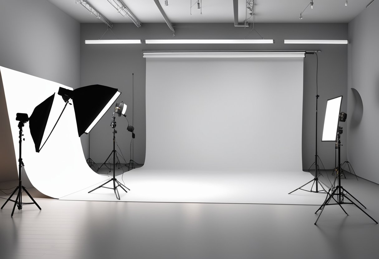 A spacious and well-lit photo studio with high ceilings, professional lighting equipment, seamless backdrops, and a variety of props and furniture for versatile photo shoots