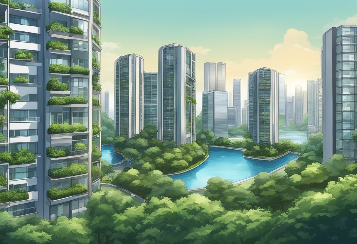 A modern apartment building in Singapore with a backdrop of skyscrapers and lush greenery, with water and electricity meters visible