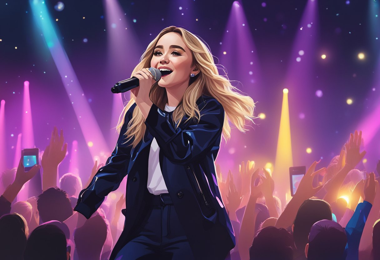 Sabrina Carpenter standing on stage, singing to a crowd in Singapore. Lights illuminate the stage, creating a vibrant and energetic atmosphere