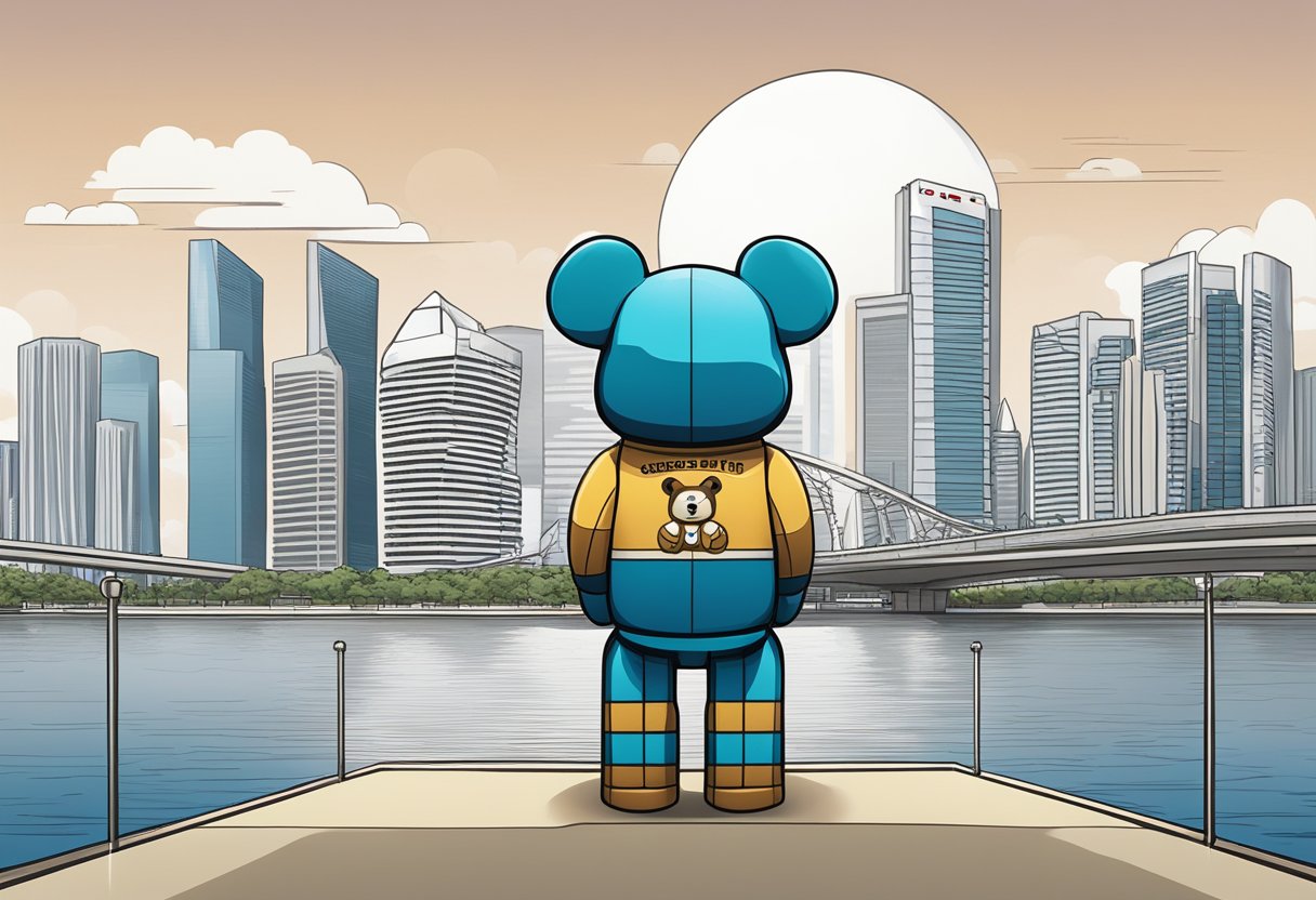 A bearbrick stands tall in front of the iconic Singapore skyline, with the Marina Bay Sands and the Singapore Flyer in the background