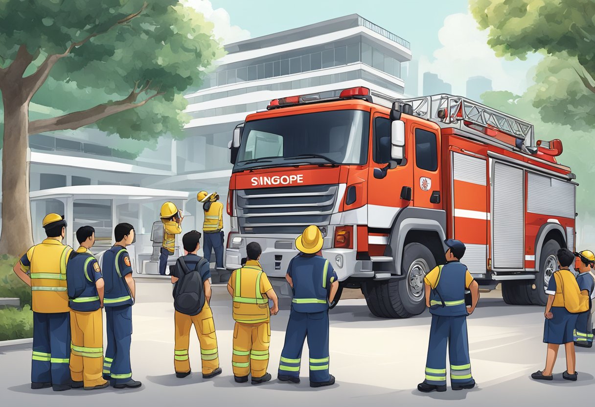 A group of people gather around a fire truck at a Singapore SCDF station, discussing fire safety and emergency response