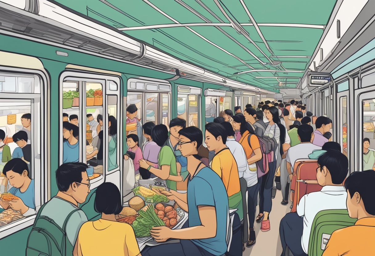 People commuting on crowded trains, paying for groceries, and dining at hawker centers in bustling Singapore