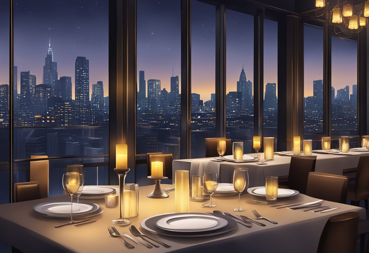 A dimly lit restaurant with elegant table settings, flickering candlelight, and a city skyline view