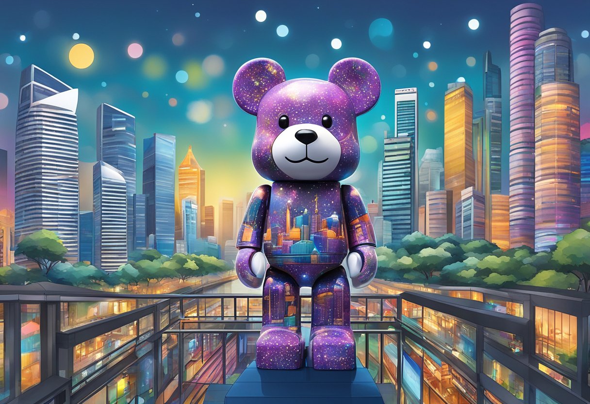 A Bearbrick figure stands atop a bustling Singapore skyline, surrounded by iconic landmarks and vibrant city lights