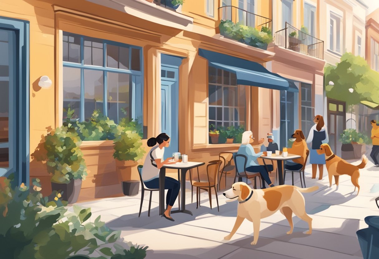 Dogs play in a sunny outdoor area of a cozy cafe with water bowls and treats. People relax at tables, chatting and enjoying coffee