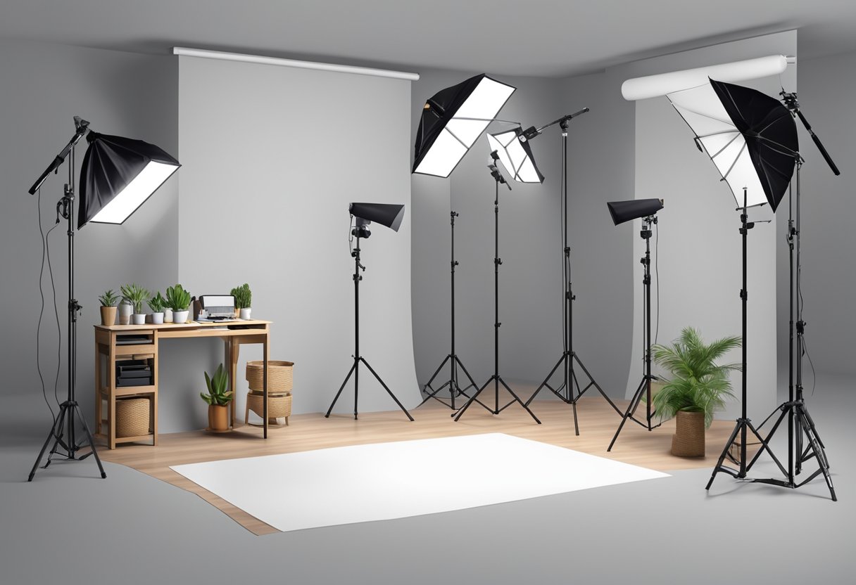 A well-lit photo studio with professional equipment and a variety of backdrops and props neatly organized for easy access