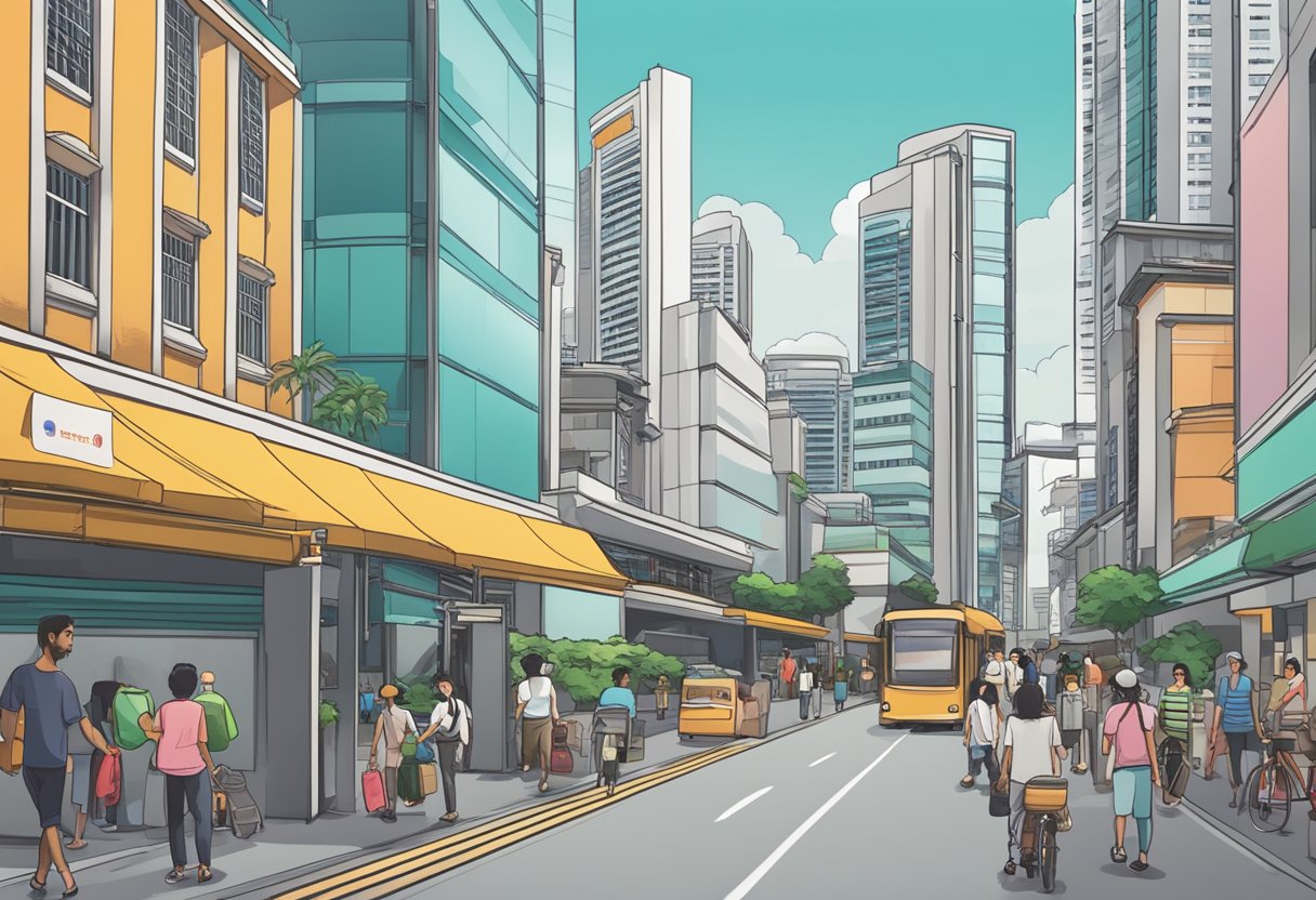 A bustling Singapore street with a prominent sign displaying "Frequently Asked Questions" and a backdrop of modern buildings