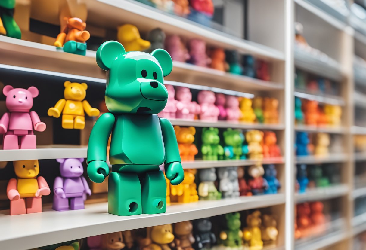 A hand reaches out to grab a Bearbrick toy from a shelf in a store in Singapore. The colorful bearbrick stands out against the clean, modern display