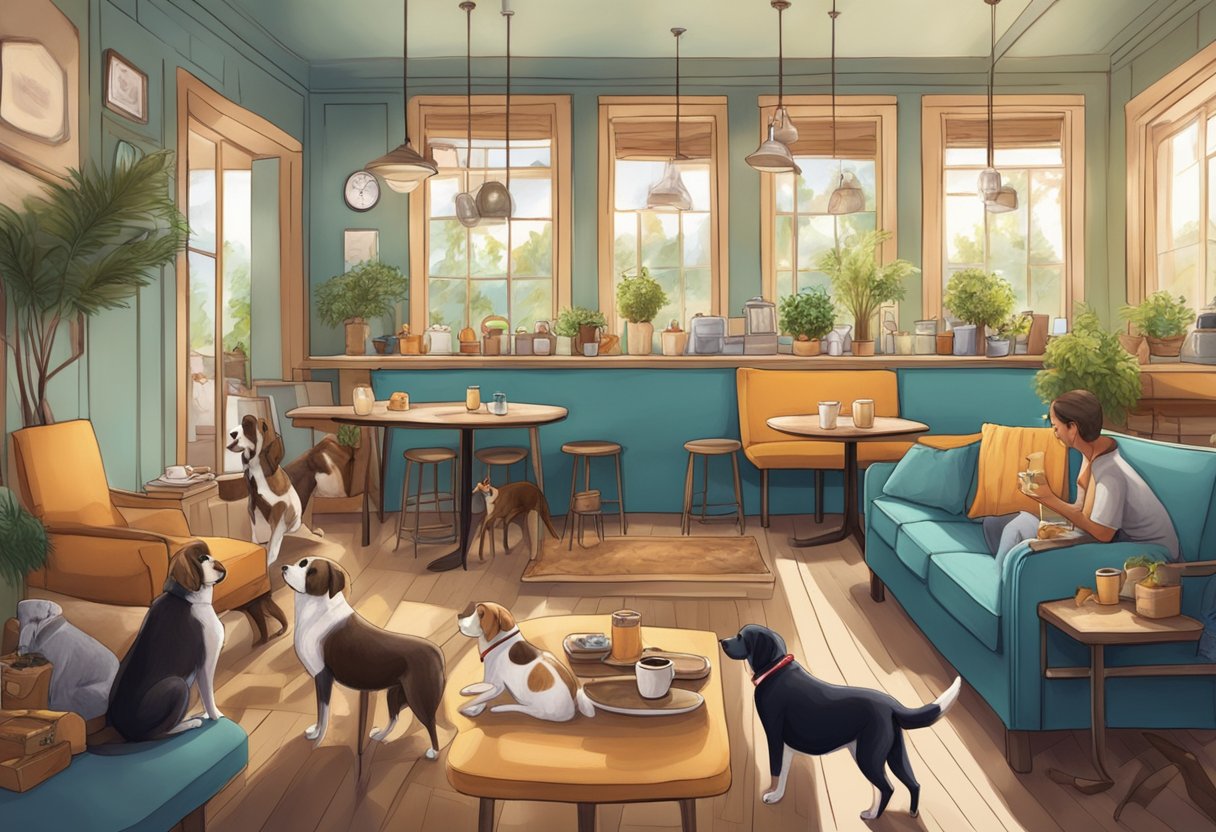 A cozy cafe filled with wagging tails and happy barks, dogs lounging on comfortable cushions while their owners enjoy coffee and treats