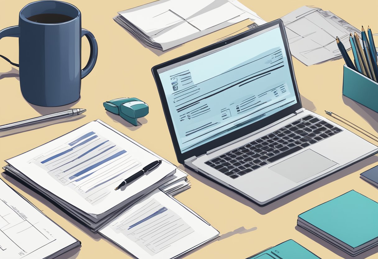 A table with a laptop, a stack of papers, and a pen. A sign with "Frequently Asked Questions rabeanco singapore" displayed prominently