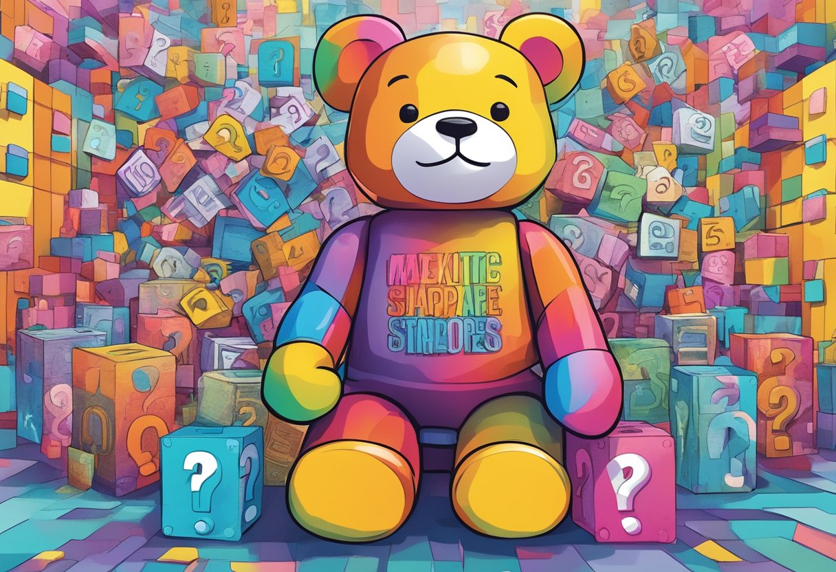 A colorful bearbrick figure surrounded by frequently asked questions signs in a vibrant Singapore setting