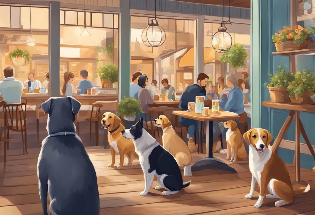 A cozy cafe with a welcoming atmosphere, featuring dogs and their owners enjoying drinks and treats together