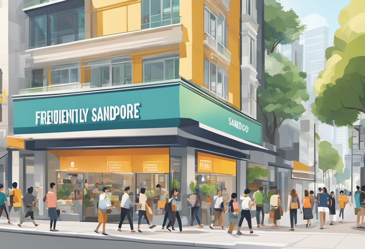 A bustling city street with a prominent sign for "Frequently Asked Questions sando singapore" above a modern storefront. Pedestrians pass by, and the atmosphere is lively and urban
