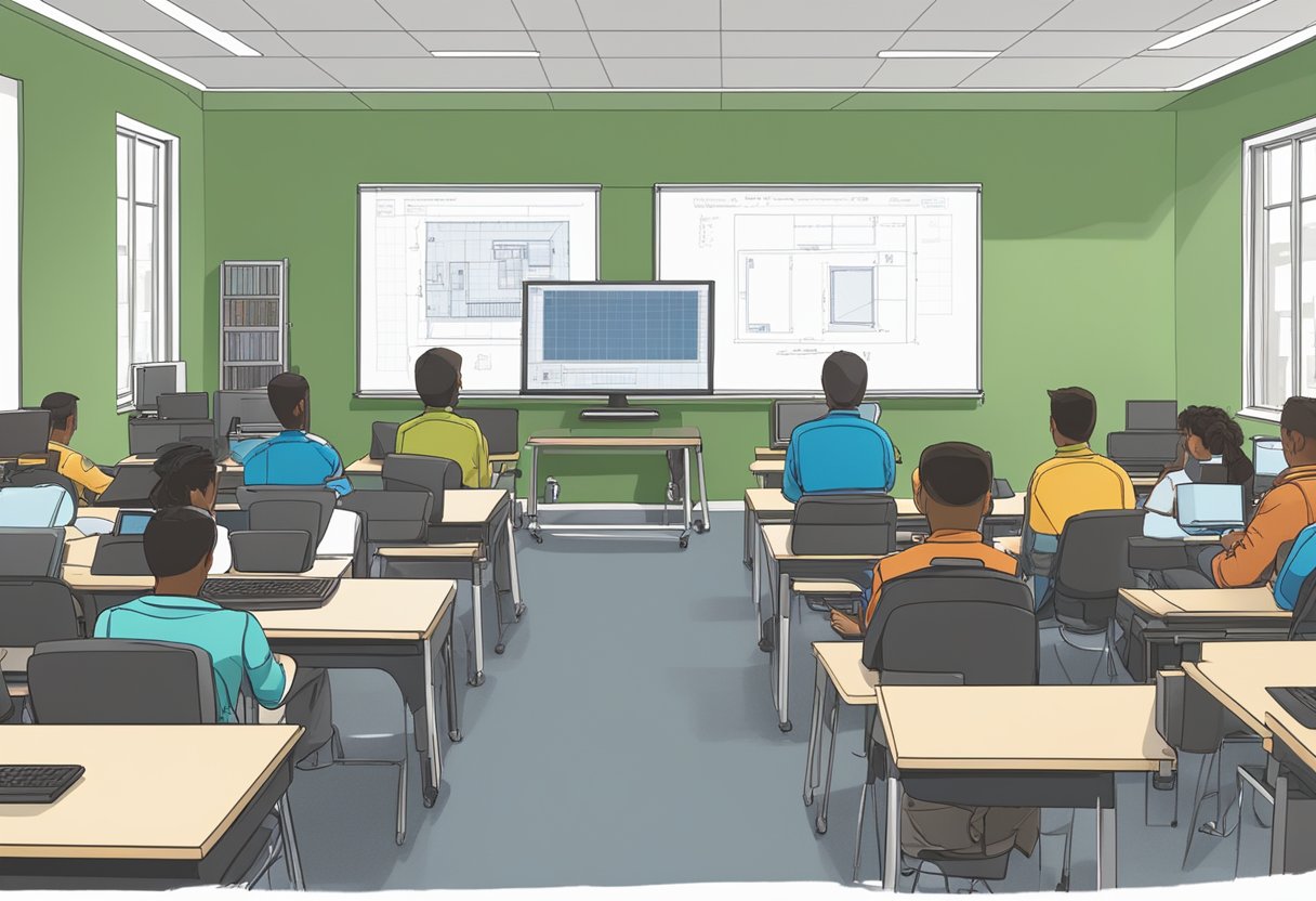 A classroom filled with computers, desks, and whiteboards. A teacher instructs a group of students on AutoCAD software