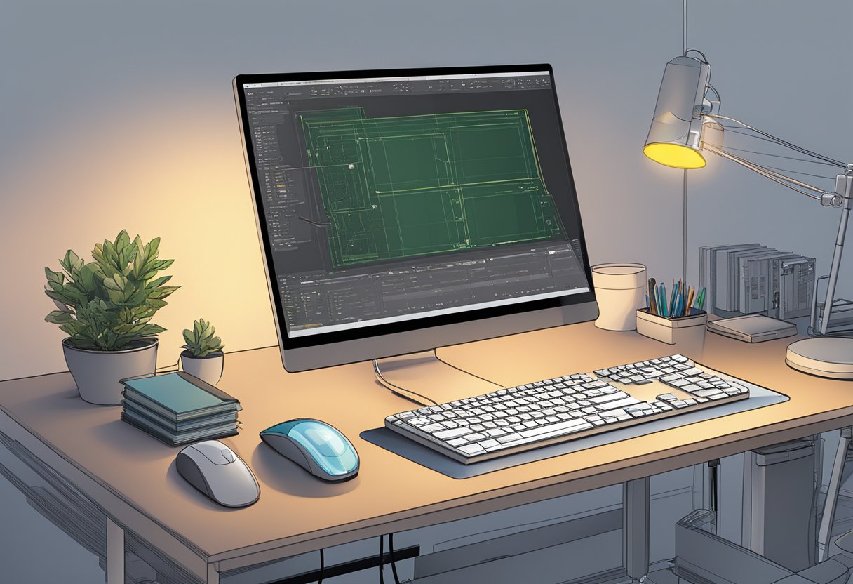 A computer screen displaying the AutoCAD interface with a keyboard and mouse next to it, a desk lamp illuminating the workspace