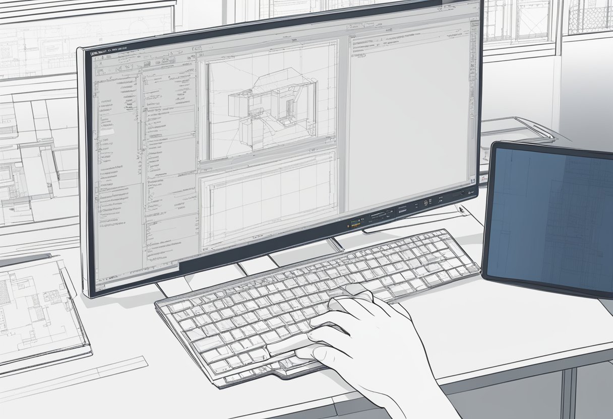 A computer screen with AutoCAD software open, showing various tools and commands. A person's hand using a mouse to navigate the interface