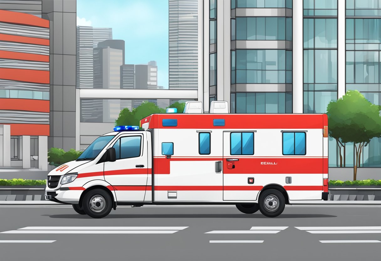A red and white Singapore ambulance with the number clearly displayed on the side, parked outside a building with its lights flashing