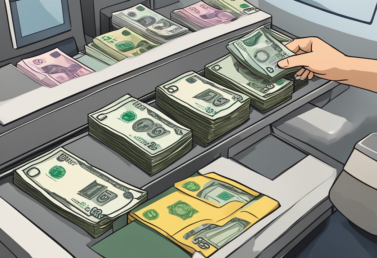 A stack of Singaporean dollar bills being exchanged for Japanese yen at a currency exchange counter