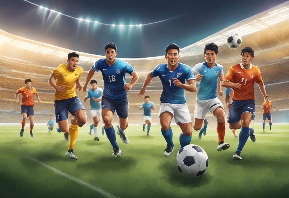 A football match at Singapore Pools Sports, with players running, kicking, and cheering on the field