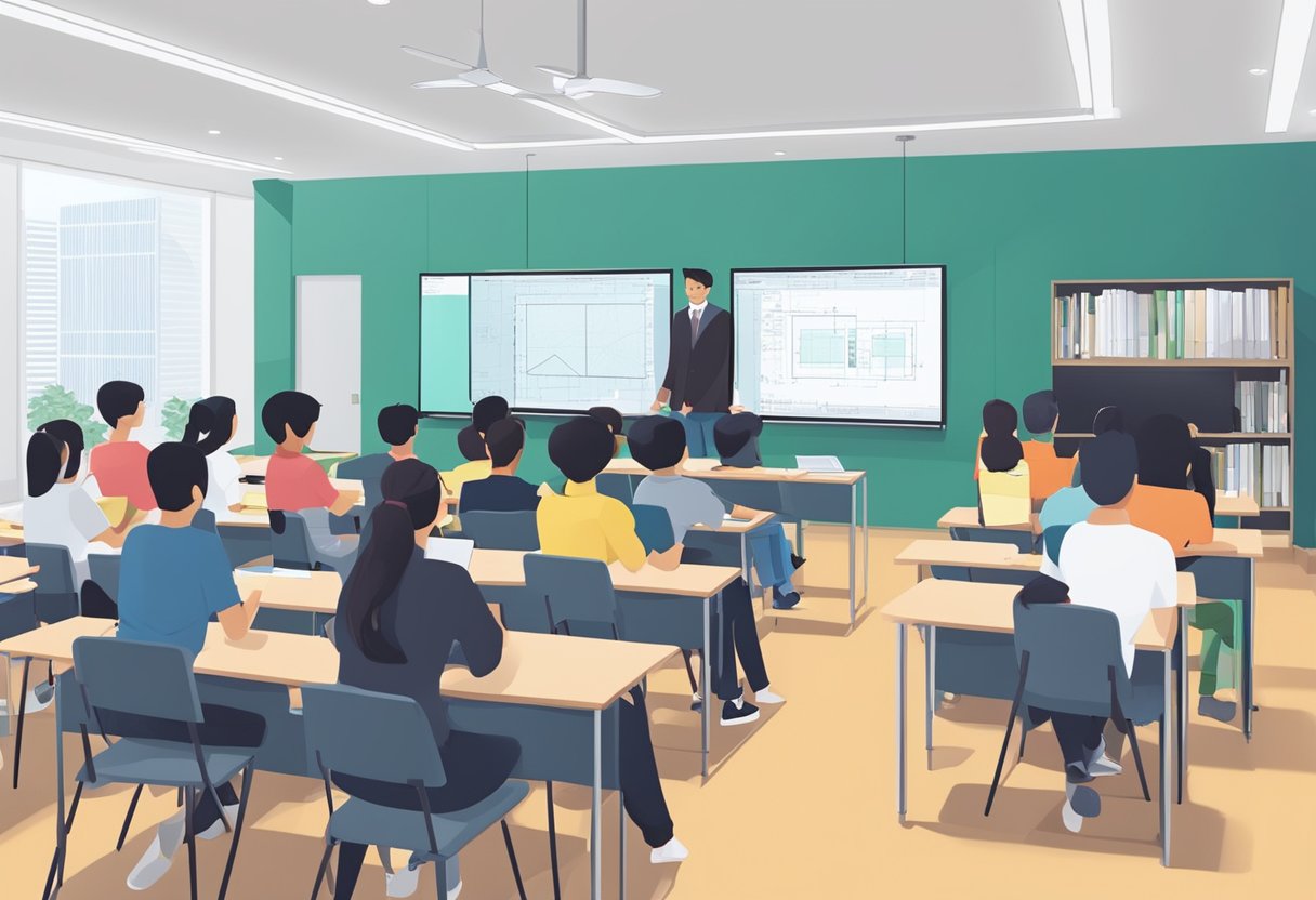 A classroom with students and an instructor discussing AutoCAD in Singapore
