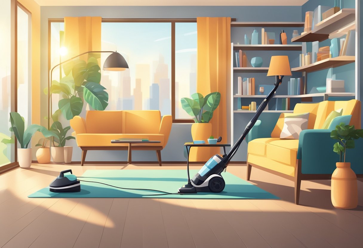 A tidy living room with a vacuum cleaner and cleaning supplies neatly organized on a shelf. Sunlight streams in through the window, illuminating the clean and polished surfaces
