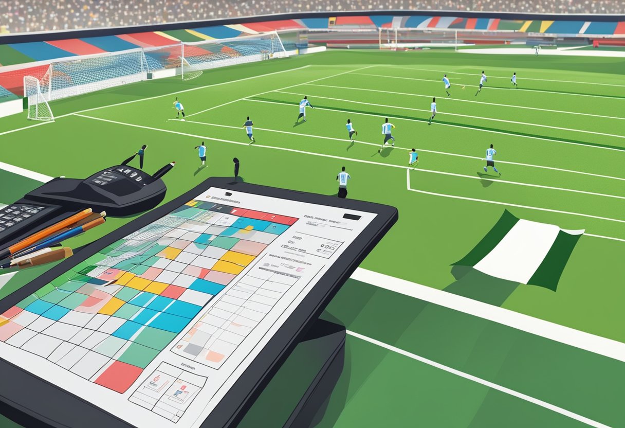 A football match being broadcast on a screen, with betting slips and a pen on a table