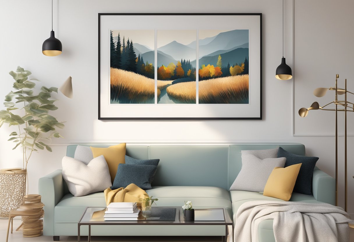 A photo frame hangs on a white wall, surrounded by soft lighting and decorative elements