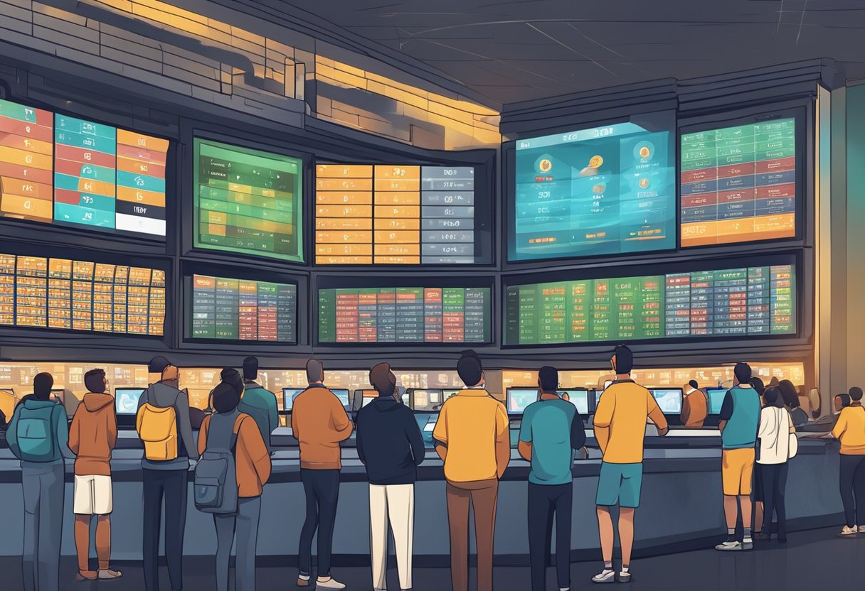 A crowded sportsbook with digital screens displaying various football betting markets and odds. Customers line up at the counter to place their bets