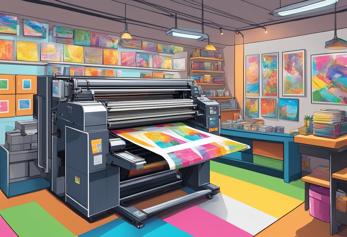 A printing machine in a Singapore shop, with colorful posters coming out. Bright lights and a busy atmosphere