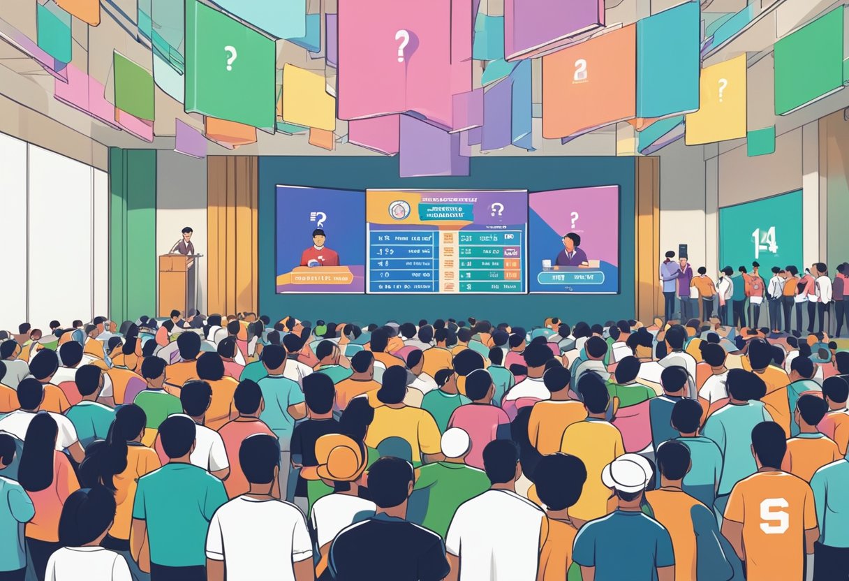 A group of people gathered around a large screen displaying "Frequently Asked Questions Singapore Pools Sports Football." The scene is filled with anticipation and curiosity