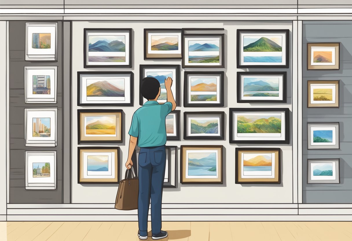 A person browsing through various photo frame options on display in a store in Singapore