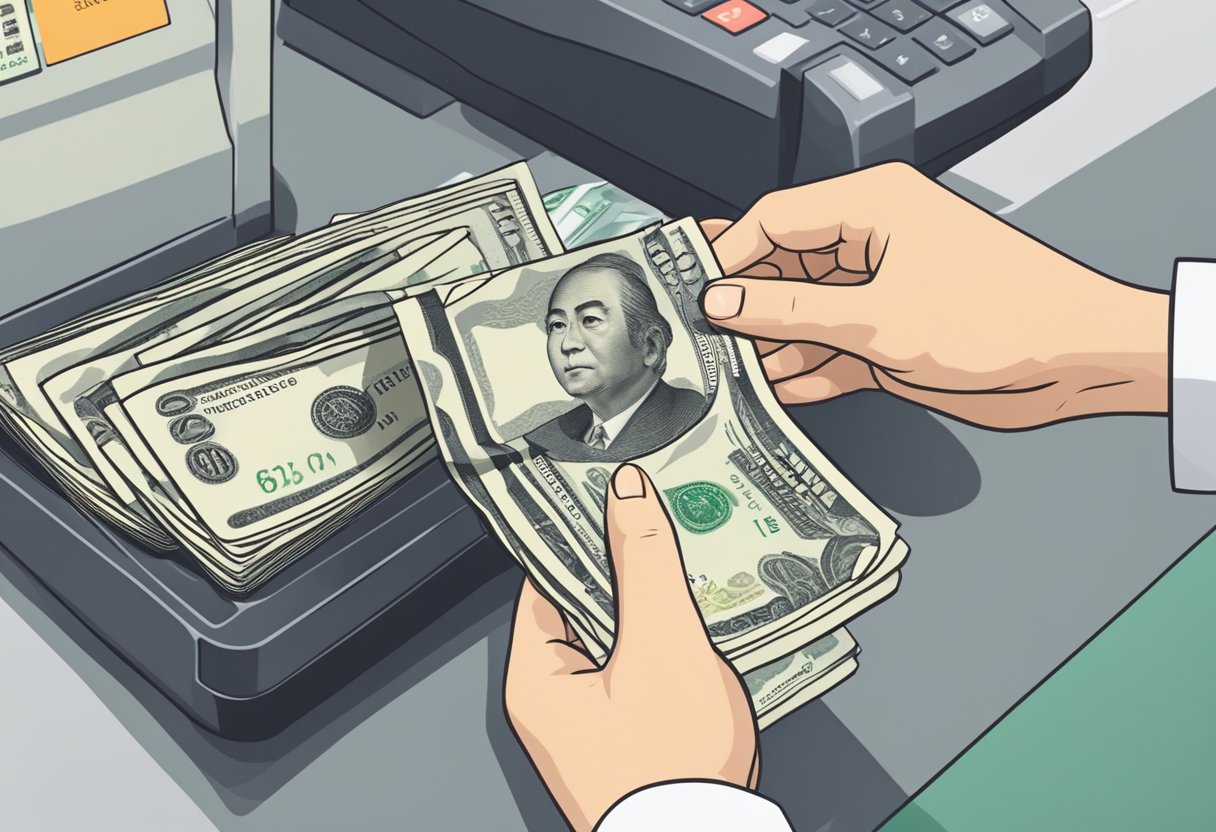 A hand holding Singapore dollars while exchanging them for Japanese yen at a currency exchange counter