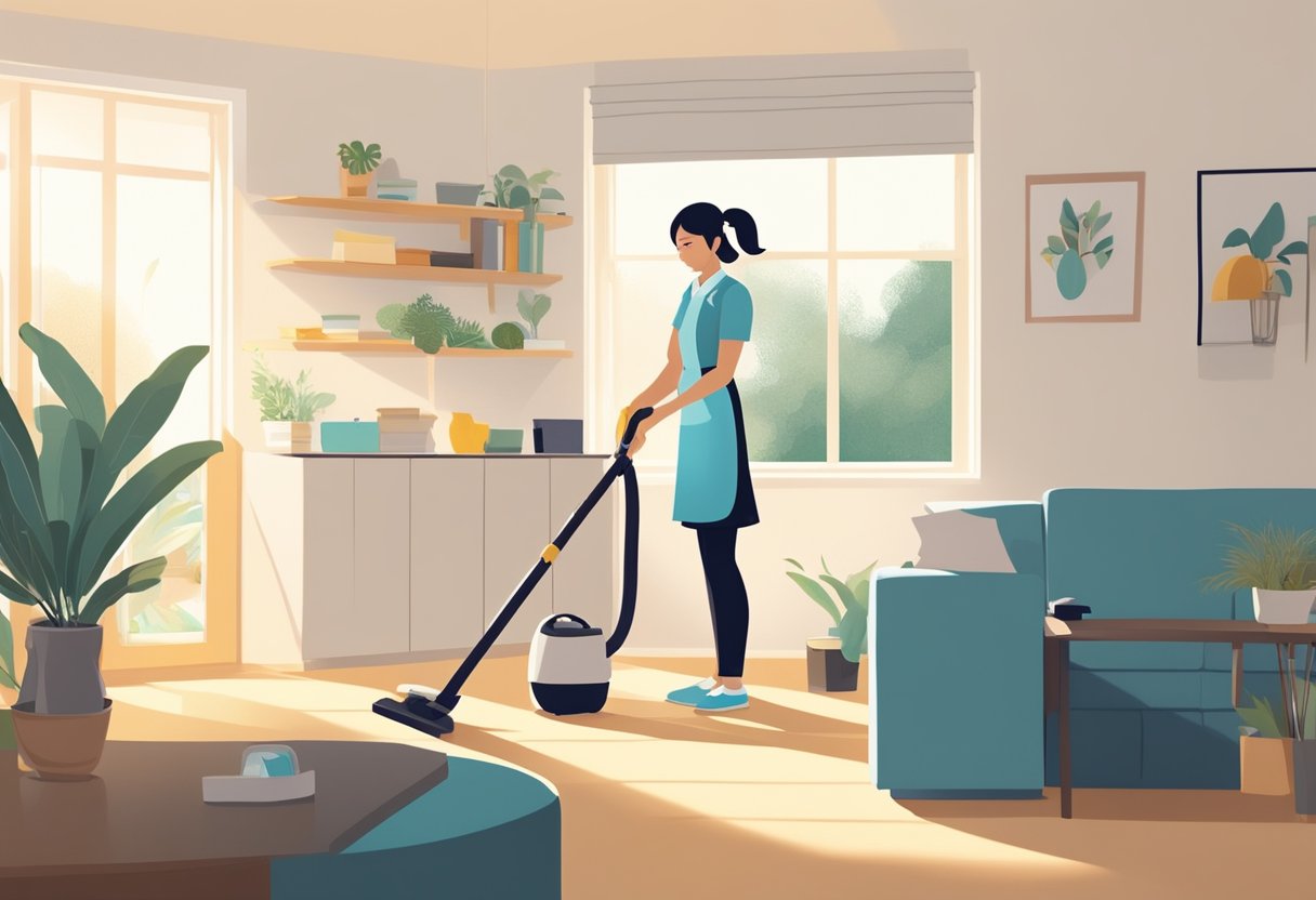 A maid tidies a modern Singaporean home, vacuuming, dusting, and organizing. The sun streams through the windows, casting a warm glow on the clean, minimalist decor