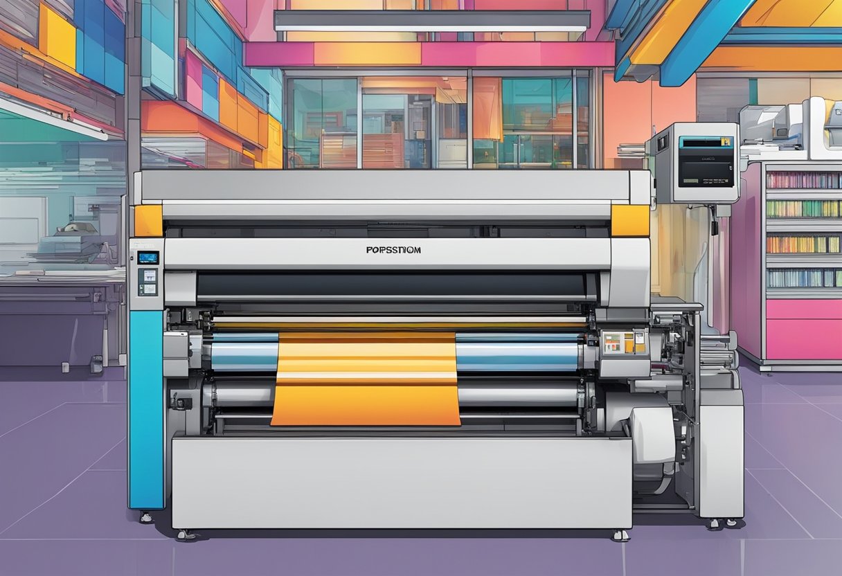 A printer in Singapore produces posters with vibrant colors and precise details. The machine hums as it carefully prints out the designs, creating a stack of eye-catching posters