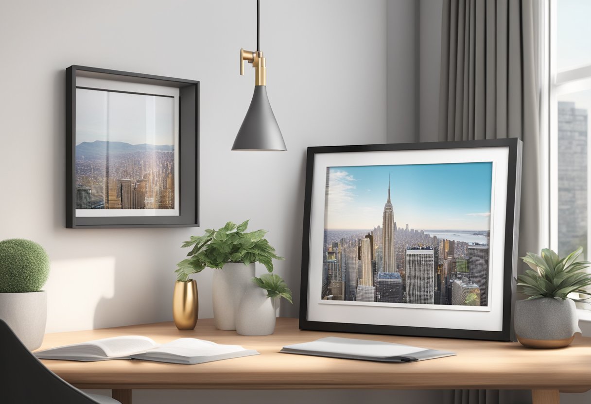 A stylish photo frame sits on a clean, modern desk with a cityscape outside the window. The frame is surrounded by minimalist decor, creating a personalized and inviting space