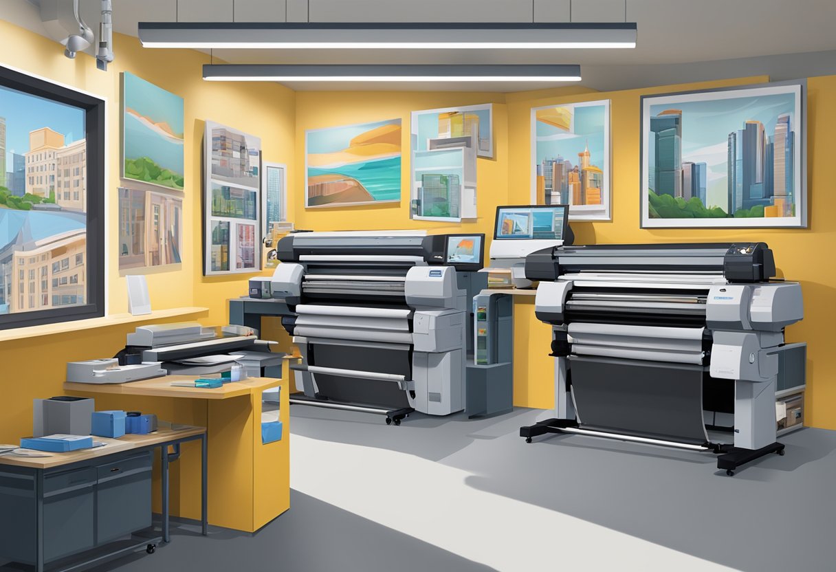 A printing shop in Singapore with large format printers and posters displayed on the wall
